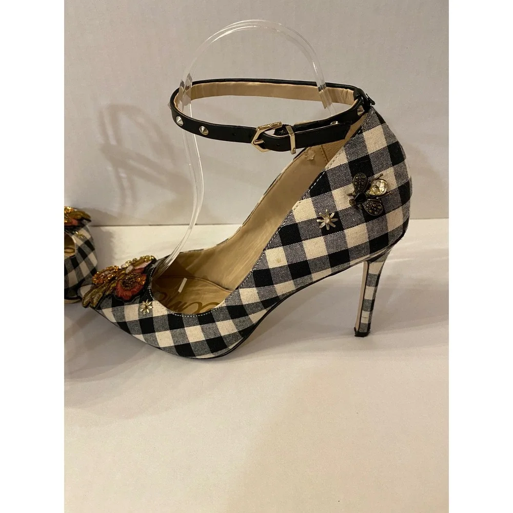 Sam Edelman Hazel Gingham Beaded Floral Ankle Strap Pumps Black White 7.5